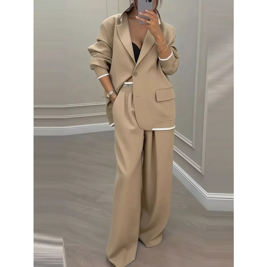 Full Size Oversized Blazer and Wide-Leg Pants Set with Contrast Trim Plus Khaki / S Apparel Accessories