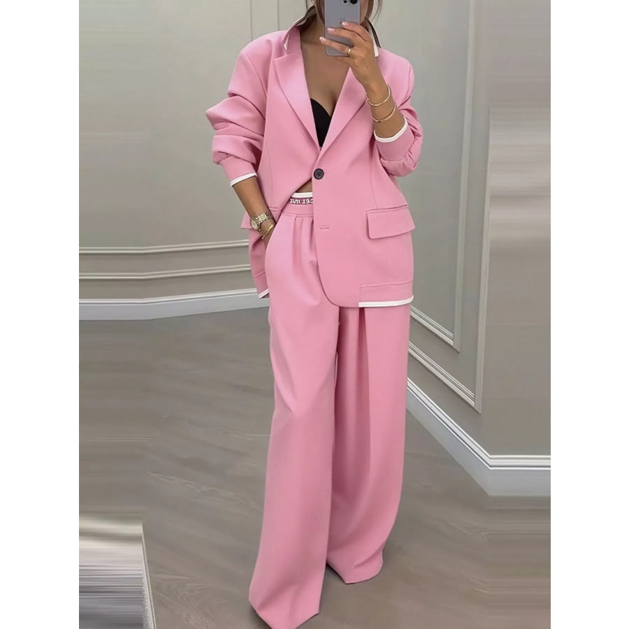 Full Size Oversized Blazer and Wide-Leg Pants Set with Contrast Trim Plus Pink / S Apparel Accessories