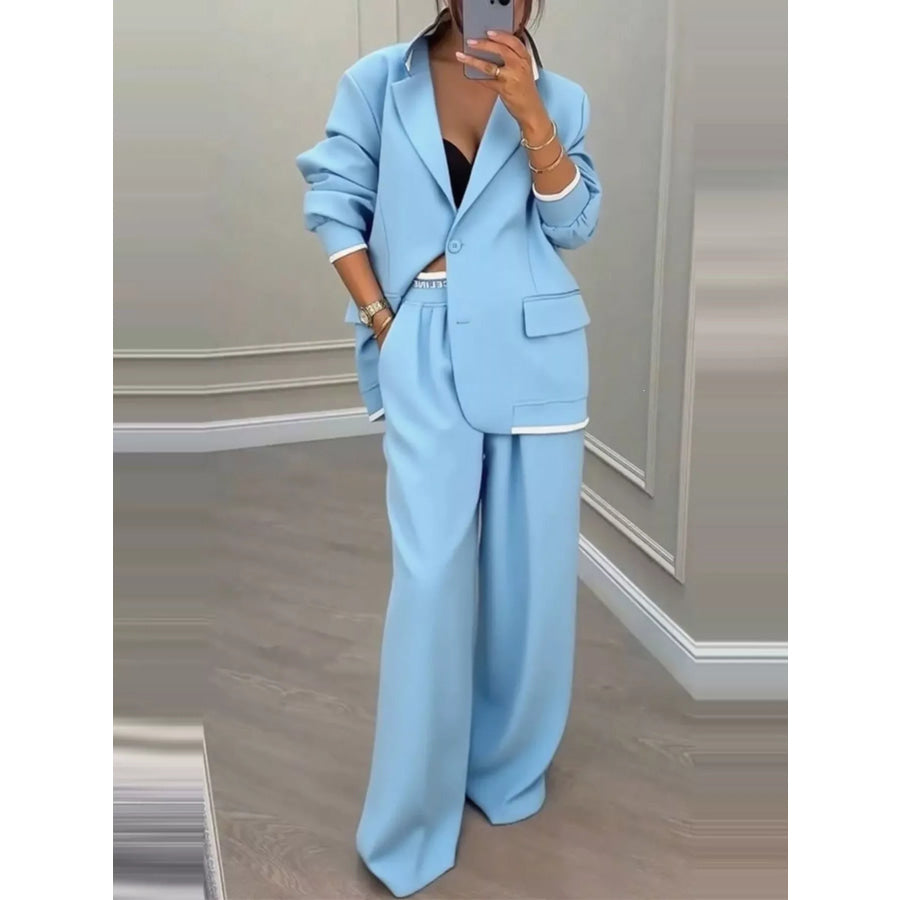 Full Size Oversized Blazer and Wide-Leg Pants Set with Contrast Trim Plus Sky Blue / S Apparel Accessories