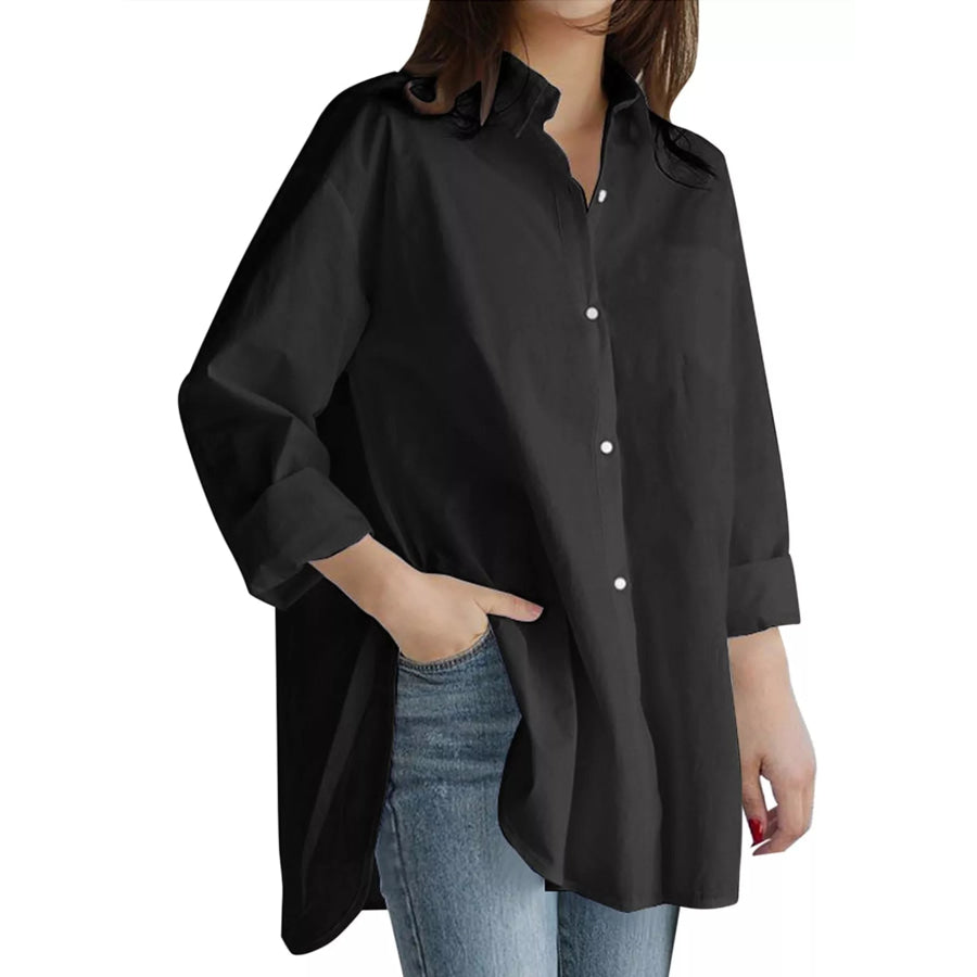 Full Size Oversized Button-Down Long Sleeve Shirt Plus Black / S Apparel and Accessories