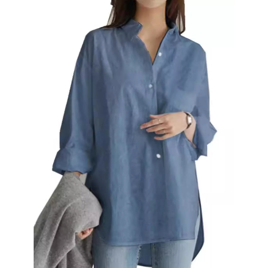 Full Size Oversized Button-Down Long Sleeve Shirt Plus Light Blue / S Apparel and Accessories