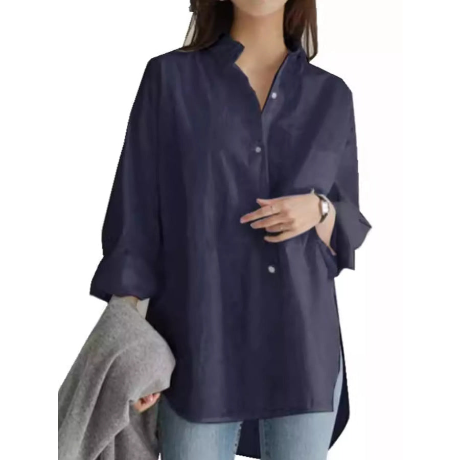 Full Size Oversized Button-Down Long Sleeve Shirt Plus Navy Blue / S Apparel and Accessories