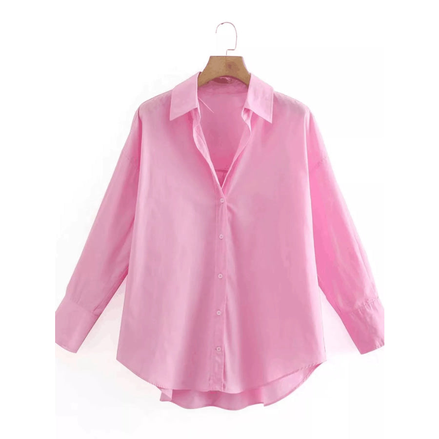 Full Size Oversized Button-Down Long Sleeve Shirt Plus Pink / S Apparel and Accessories