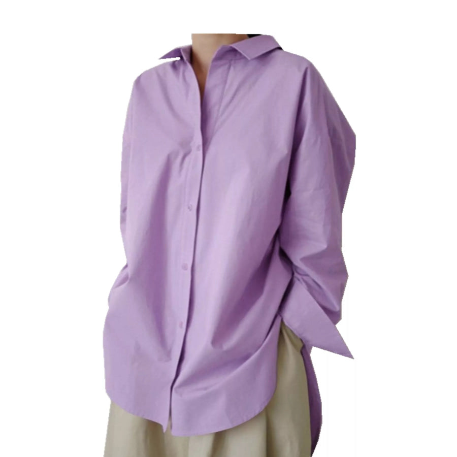 Full Size Oversized Button-Down Long Sleeve Shirt Plus Purple / S Apparel and Accessories
