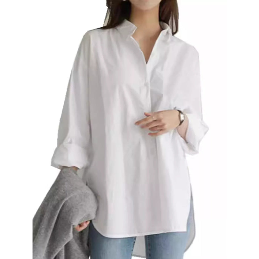 Full Size Oversized Button-Down Long Sleeve Shirt Plus White / S Apparel and Accessories