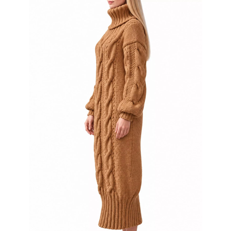 Full Size Oversized Chunky Cable Knit Turtleneck Sweater Dress Plus Apparel and Accessories