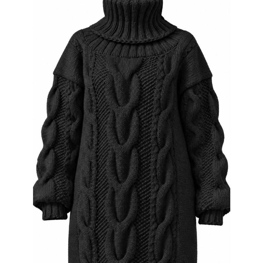 Full Size Oversized Chunky Cable Knit Turtleneck Sweater Dress Plus Apparel and Accessories