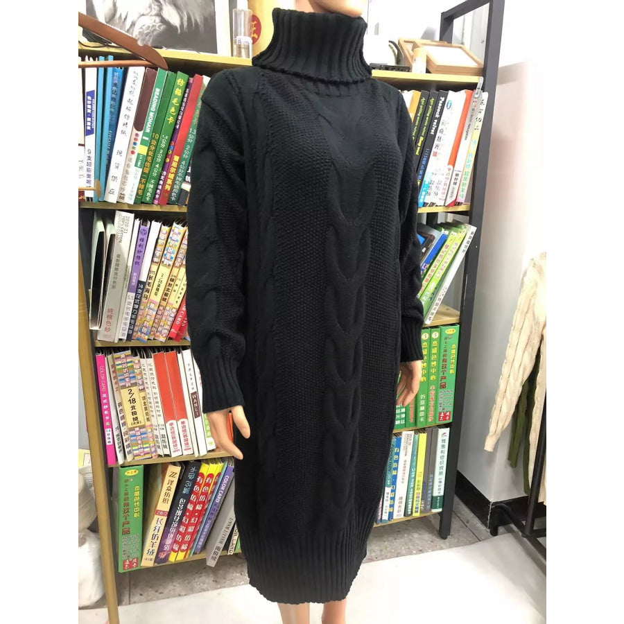 Full Size Oversized Chunky Cable Knit Turtleneck Sweater Dress Plus Apparel and Accessories