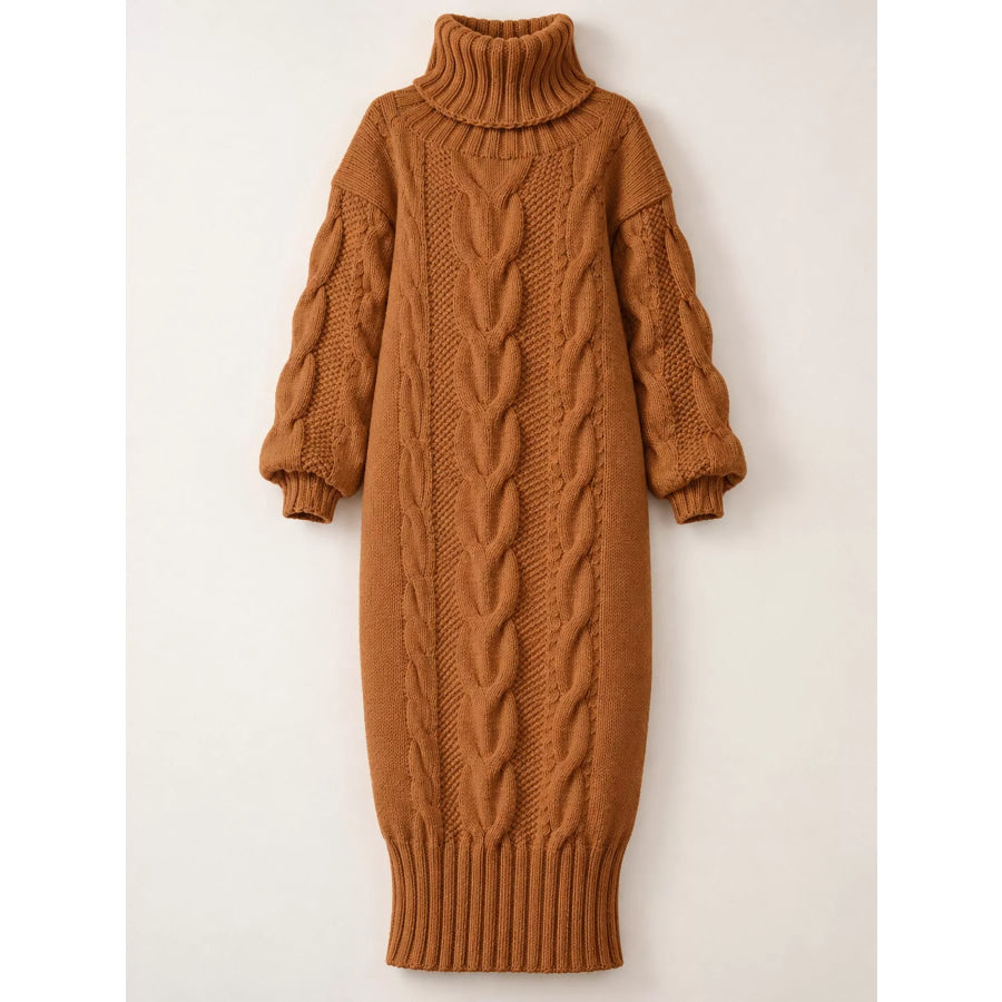 Full Size Oversized Chunky Cable Knit Turtleneck Sweater Dress Plus Apparel and Accessories