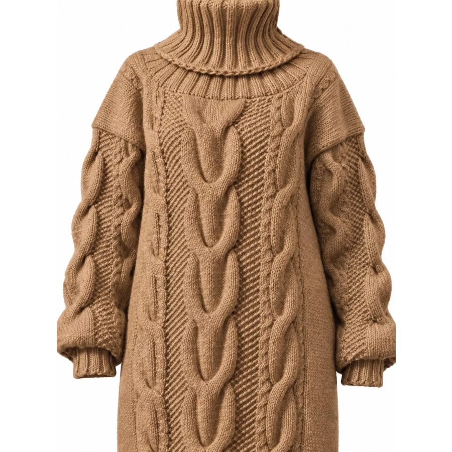 Full Size Oversized Chunky Cable Knit Turtleneck Sweater Dress Plus Apparel and Accessories