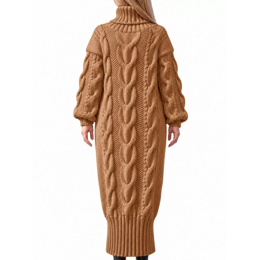 Full Size Oversized Chunky Cable Knit Turtleneck Sweater Dress Plus Apparel and Accessories