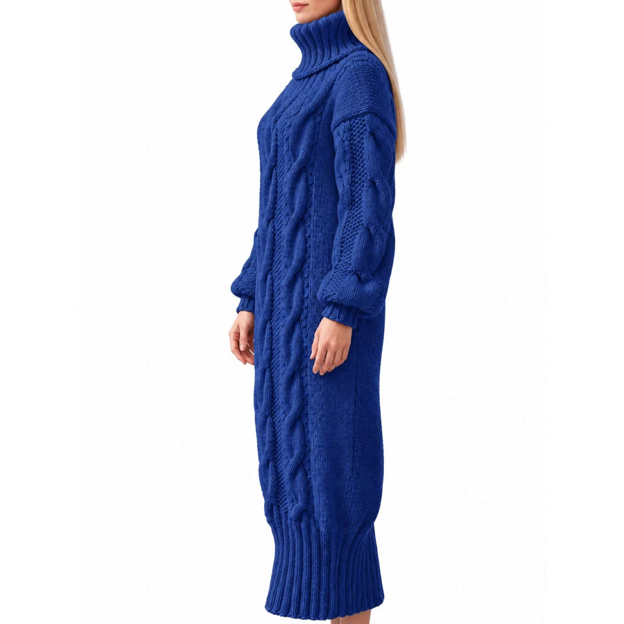 Full Size Oversized Chunky Cable Knit Turtleneck Sweater Dress Plus Apparel and Accessories
