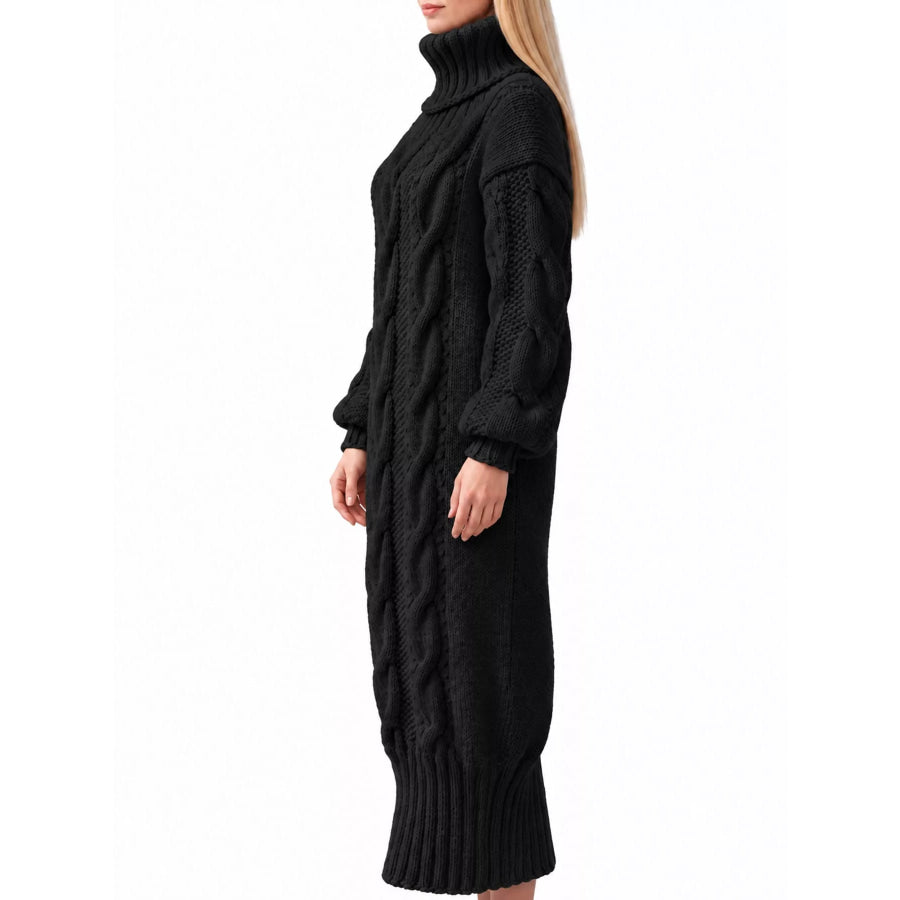Full Size Oversized Chunky Cable Knit Turtleneck Sweater Dress Plus Apparel and Accessories