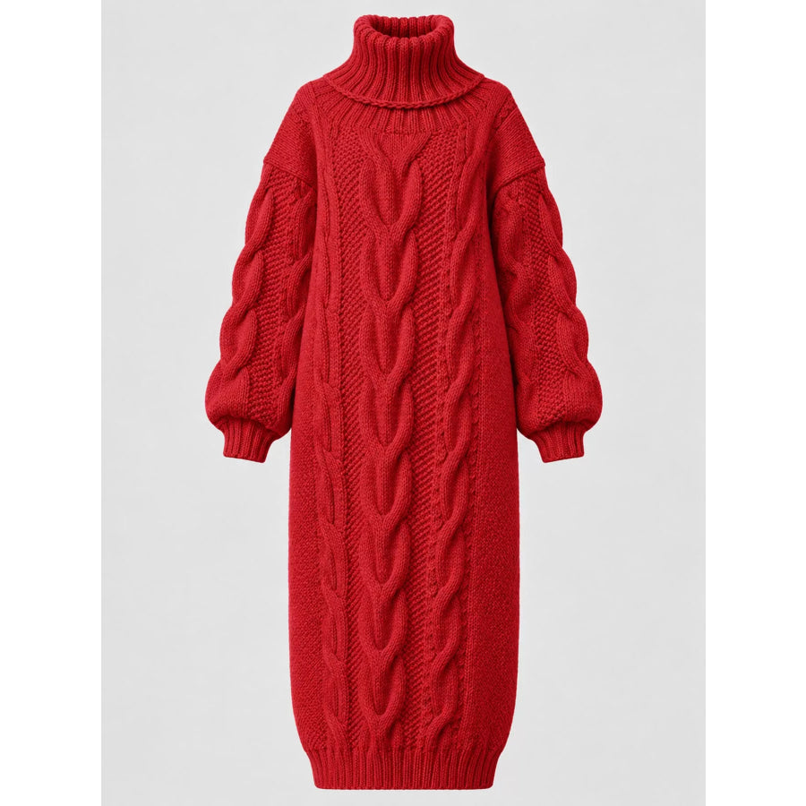 Full Size Oversized Chunky Cable Knit Turtleneck Sweater Dress Plus Apparel and Accessories