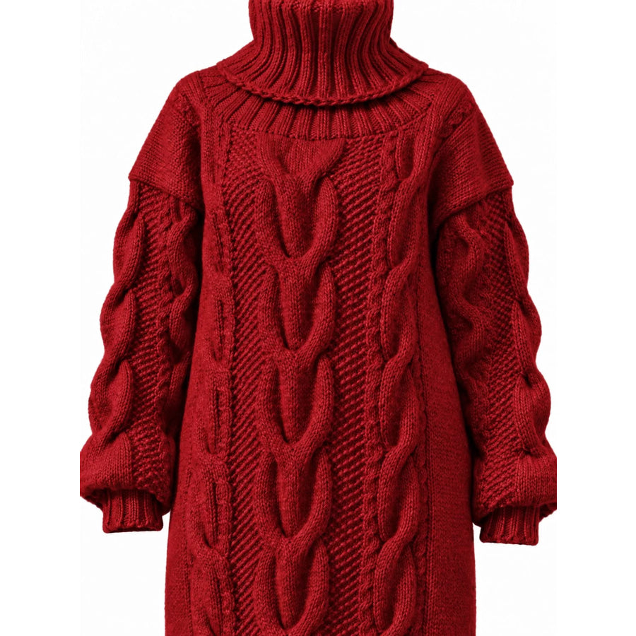 Full Size Oversized Chunky Cable Knit Turtleneck Sweater Dress Plus Apparel and Accessories