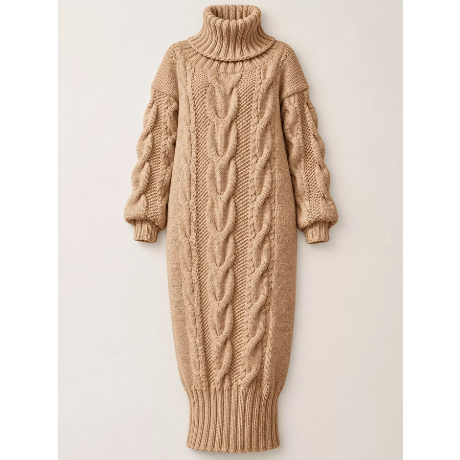 Full Size Oversized Chunky Cable Knit Turtleneck Sweater Dress Plus Apparel and Accessories