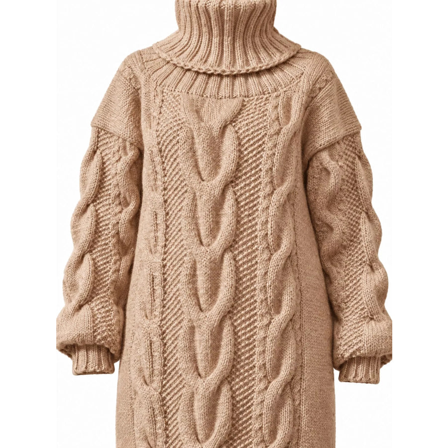 Full Size Oversized Chunky Cable Knit Turtleneck Sweater Dress Plus Apparel and Accessories