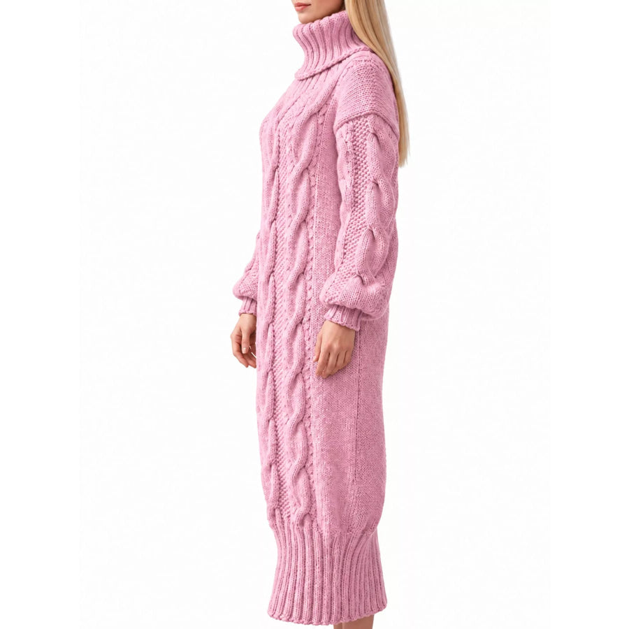 Full Size Oversized Chunky Cable Knit Turtleneck Sweater Dress Plus Apparel and Accessories