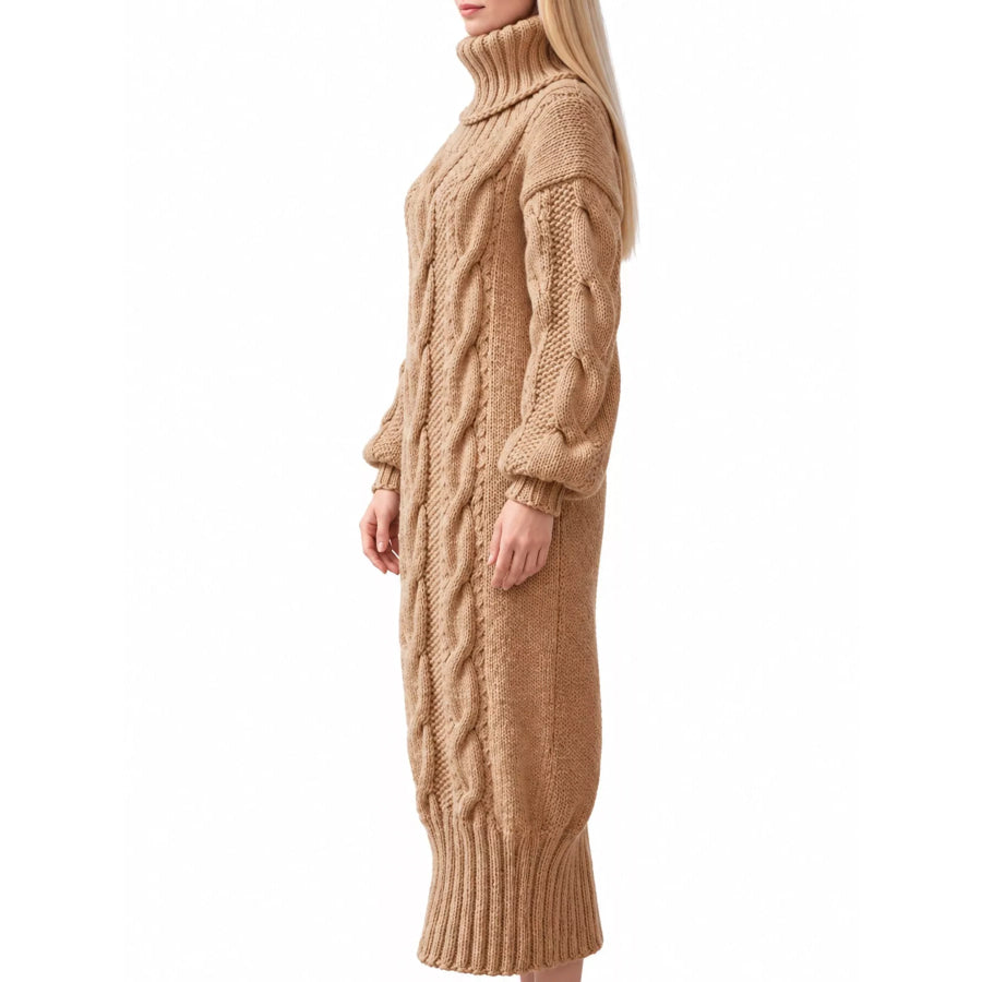 Full Size Oversized Chunky Cable Knit Turtleneck Sweater Dress Plus Apparel and Accessories