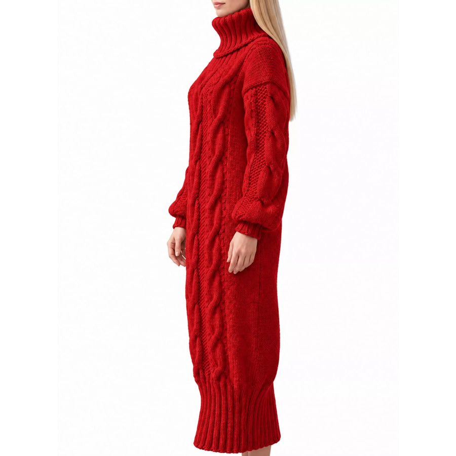 Full Size Oversized Chunky Cable Knit Turtleneck Sweater Dress Plus Apparel and Accessories