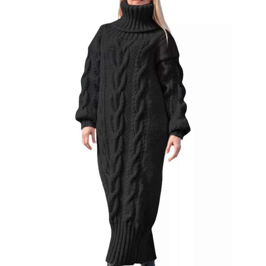 Full Size Oversized Chunky Cable Knit Turtleneck Sweater Dress Plus Black / S Apparel and Accessories