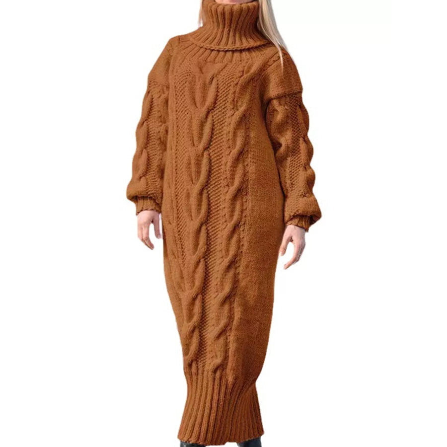 Full Size Oversized Chunky Cable Knit Turtleneck Sweater Dress Plus Camel / S Apparel and Accessories