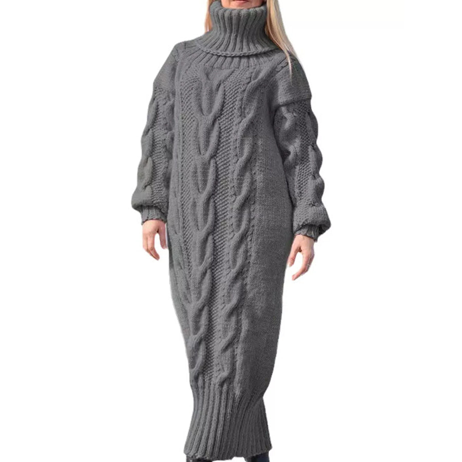 Full Size Oversized Chunky Cable Knit Turtleneck Sweater Dress Plus Gray / S Apparel and Accessories