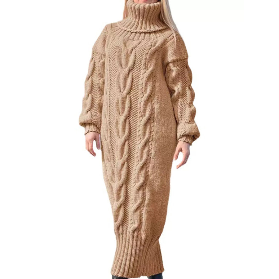 Full Size Oversized Chunky Cable Knit Turtleneck Sweater Dress Plus Khaki / S Apparel and Accessories
