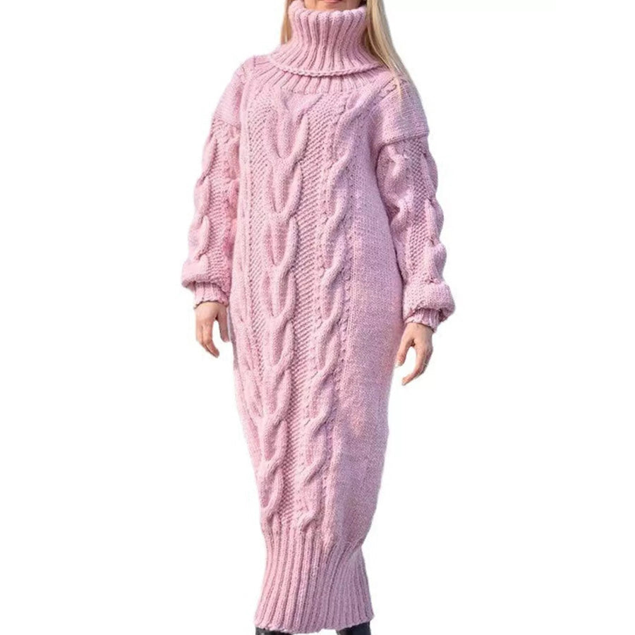 Full Size Oversized Chunky Cable Knit Turtleneck Sweater Dress Plus Pink / S Apparel and Accessories