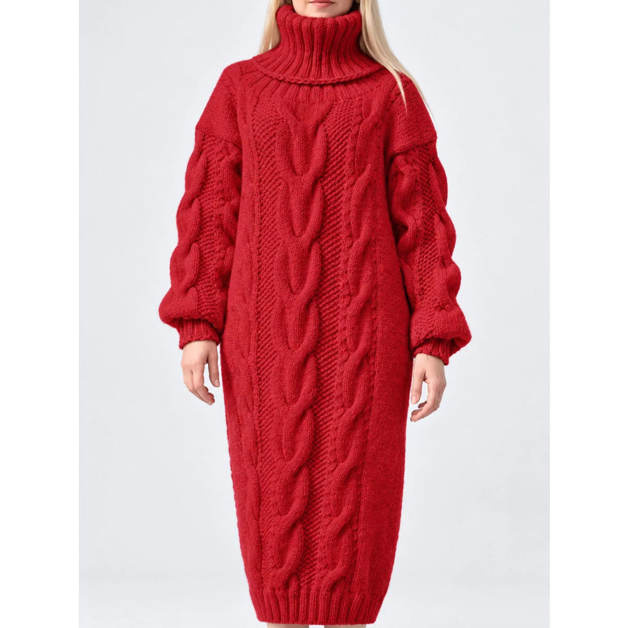 Full Size Oversized Chunky Cable Knit Turtleneck Sweater Dress Plus Red / S Apparel and Accessories