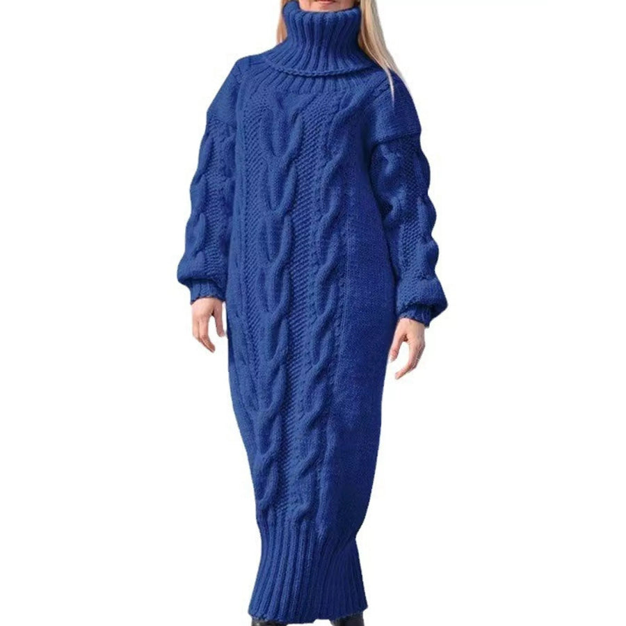Full Size Oversized Chunky Cable Knit Turtleneck Sweater Dress Plus Royal Blue / S Apparel and Accessories
