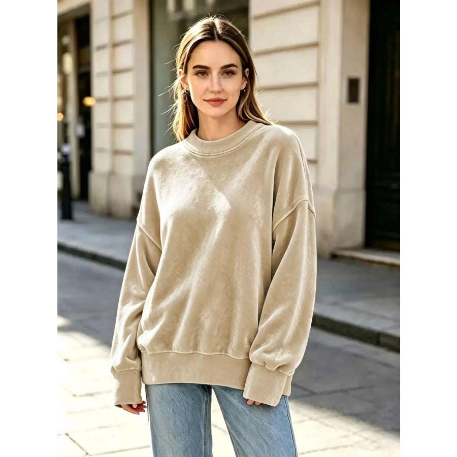 Full Size Oversized Dropped Shoulder Sweatshirt Plus Apricot / S Apparel and Accessories