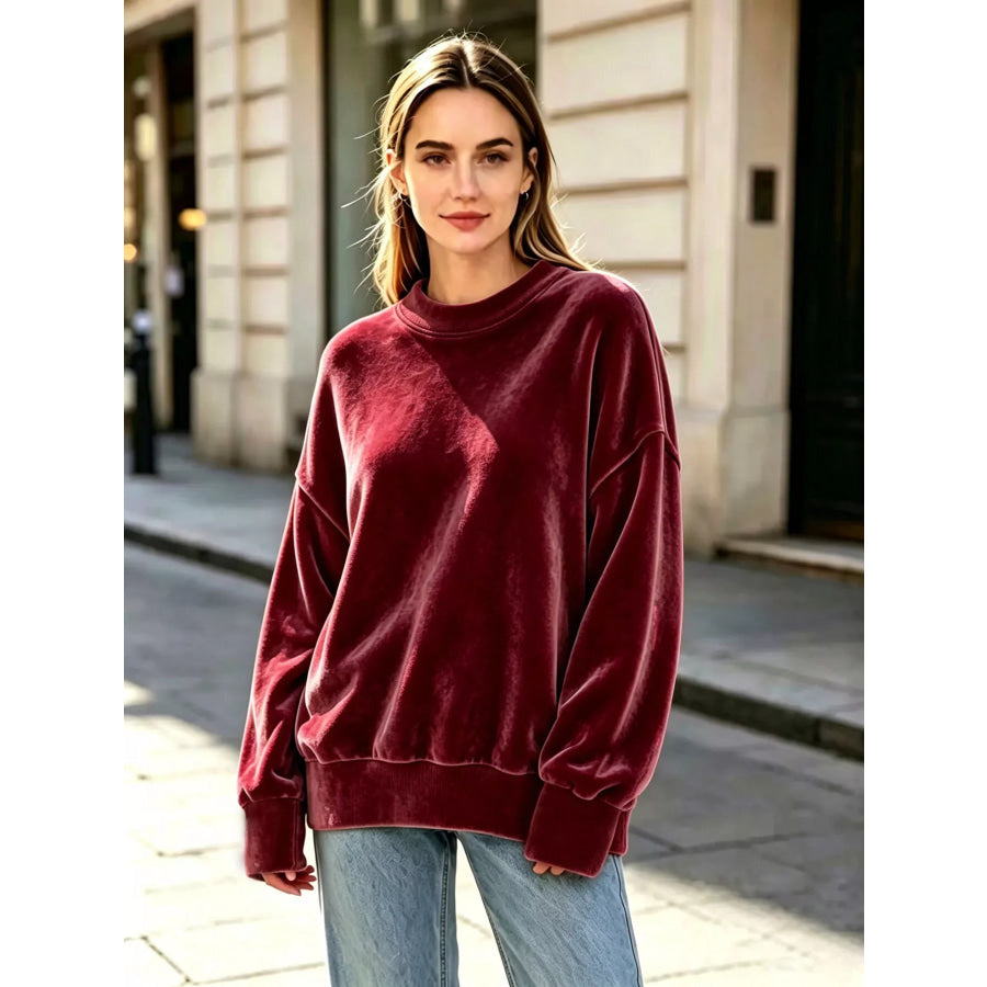 Full Size Oversized Dropped Shoulder Sweatshirt Plus Burgundy / S Apparel and Accessories