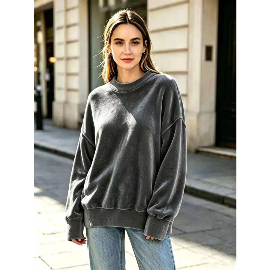 Full Size Oversized Dropped Shoulder Sweatshirt Plus Dark Gray / S Apparel and Accessories