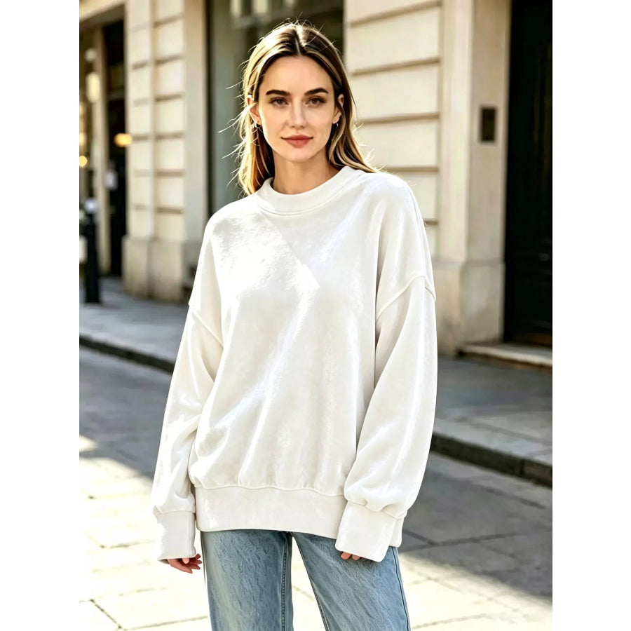 Full Size Oversized Dropped Shoulder Sweatshirt Plus White / S Apparel and Accessories