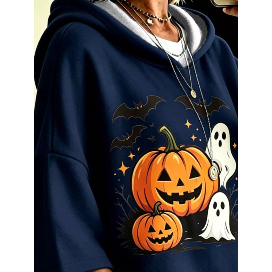 Full Size Oversized Halloween Pumpkin Ghost Graphic Hoodie Plus Apparel and Accessories