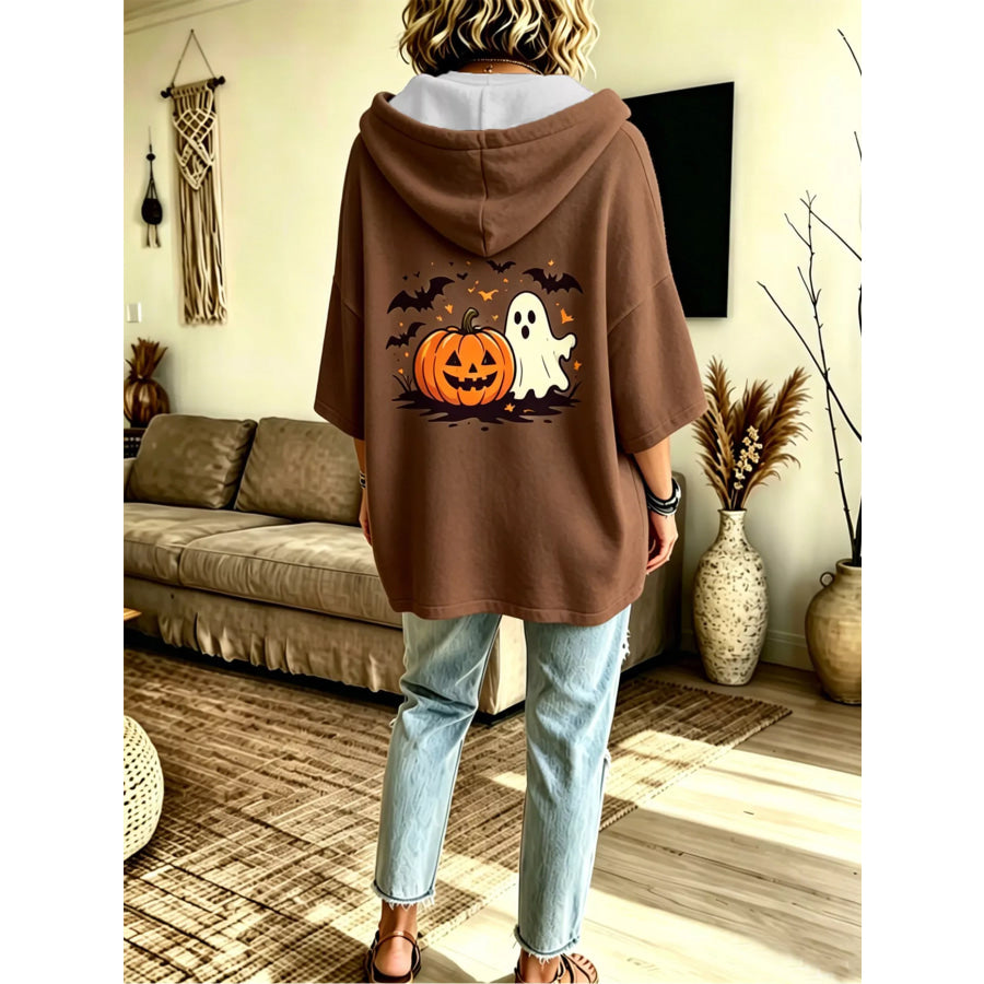 Full Size Oversized Halloween Pumpkin Ghost Graphic Hoodie Plus Brown / S Apparel and Accessories