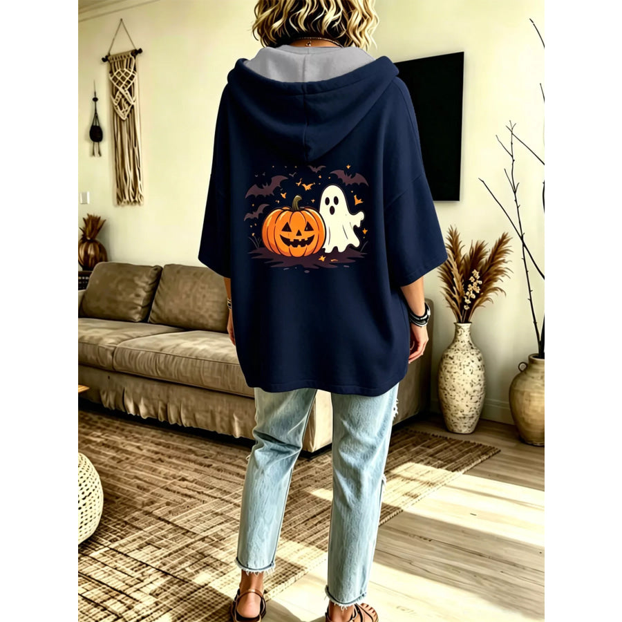 Full Size Oversized Halloween Pumpkin Ghost Graphic Hoodie Plus Apparel and Accessories