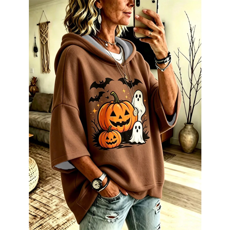 Full Size Oversized Halloween Pumpkin Ghost Graphic Hoodie Plus Brown / S Apparel and Accessories