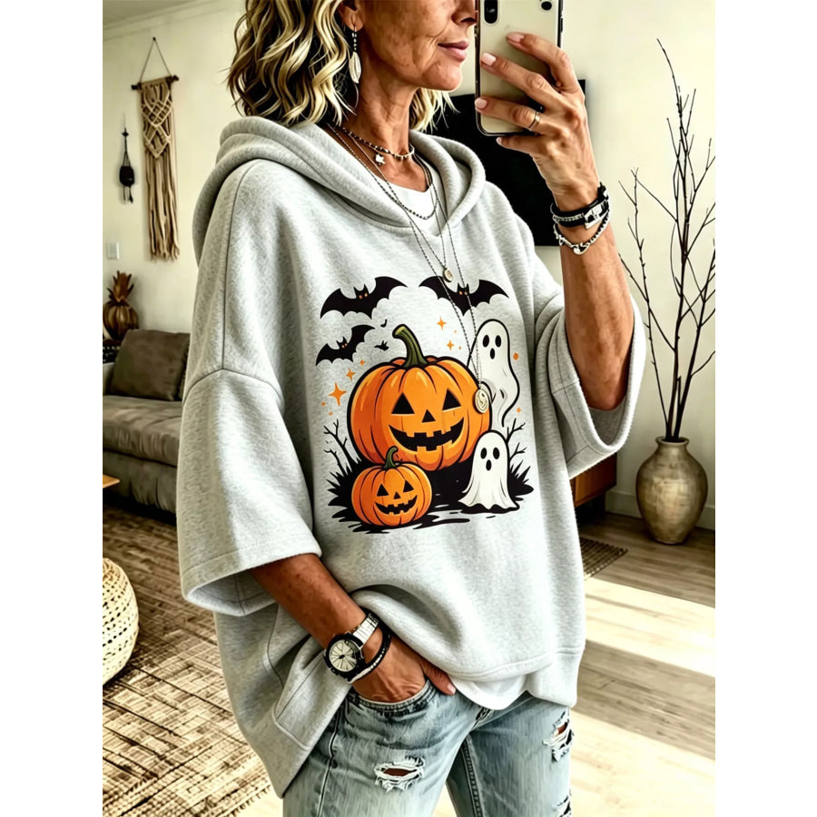 Full Size Oversized Halloween Pumpkin Ghost Graphic Hoodie Plus Gray / S Apparel and Accessories