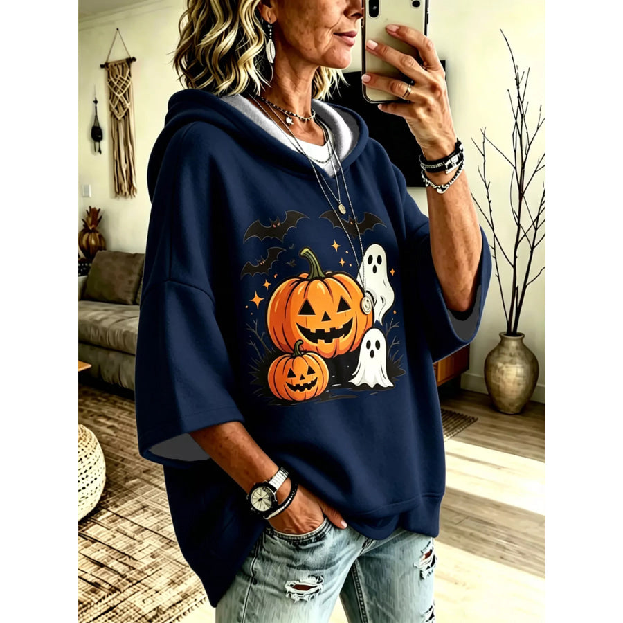 Full Size Oversized Halloween Pumpkin Ghost Graphic Hoodie Plus Navy Blue / S Apparel and Accessories
