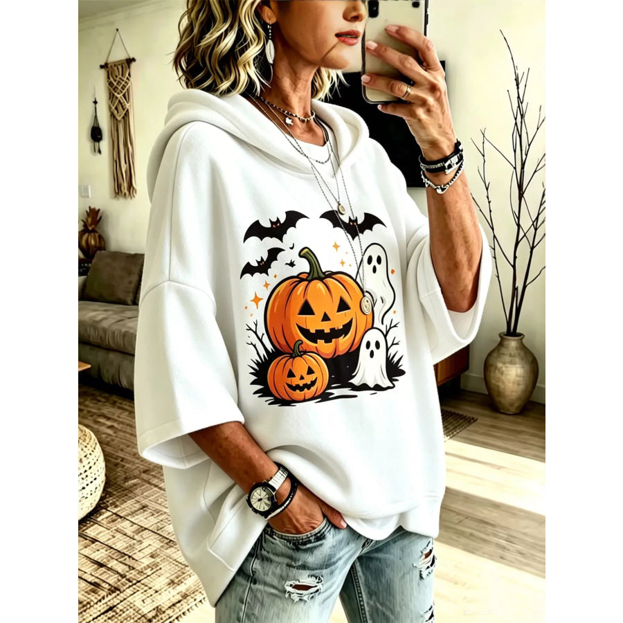 Full Size Oversized Halloween Pumpkin Ghost Graphic Hoodie Plus White / S Apparel and Accessories