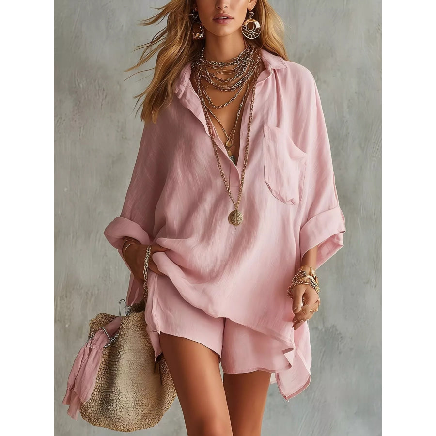 Full Size Oversized Long Sleeve Shirt and Shorts Two-Piece Set Plus Dusty Pink / S Apparel Accessories