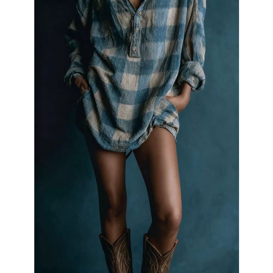 Full Size Oversized Plaid Button-Down Shirt Dress Plus
