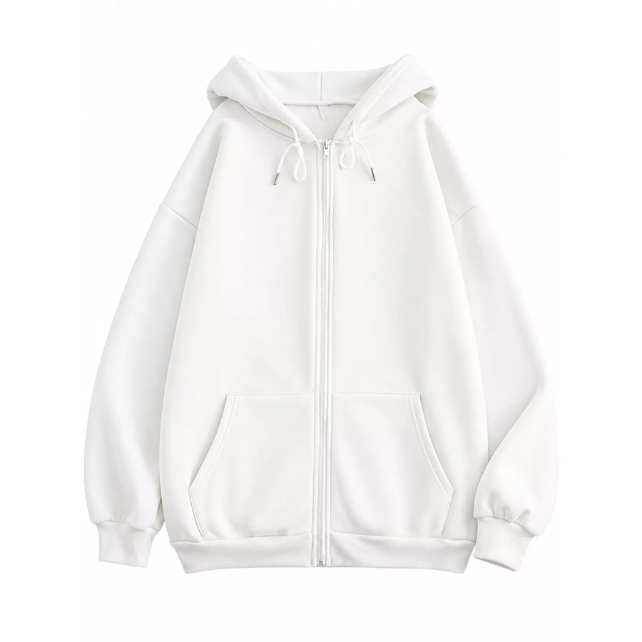 Full Size Oversized Solid Zip-Up Hoodie with Drawstring Plus White / S Apparel and Accessories