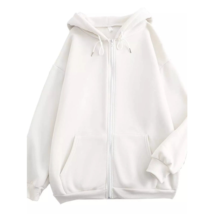 Full Size Oversized Solid Zip-Up Hoodie with Drawstring Plus White / S Apparel and Accessories