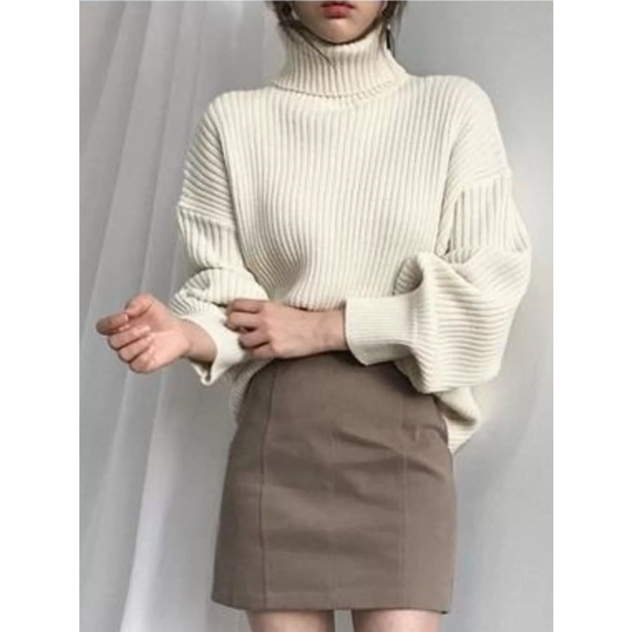 Full Size Oversized Turtleneck Ribbed Knit Sweater Plus Size Apparel and Accessories