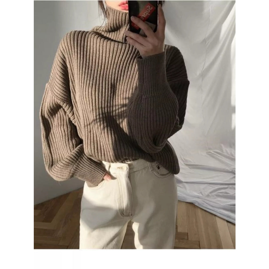 Full Size Oversized Turtleneck Ribbed Knit Sweater Plus Size Apparel and Accessories