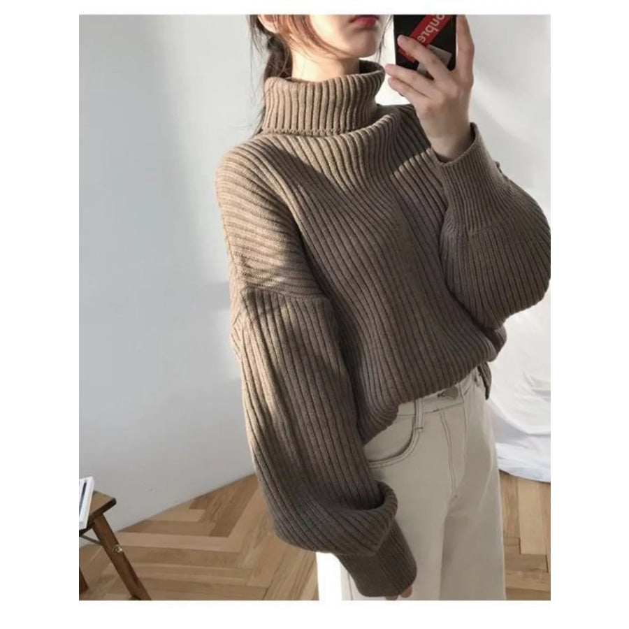 Full Size Oversized Turtleneck Ribbed Knit Sweater Plus Size Apparel and Accessories