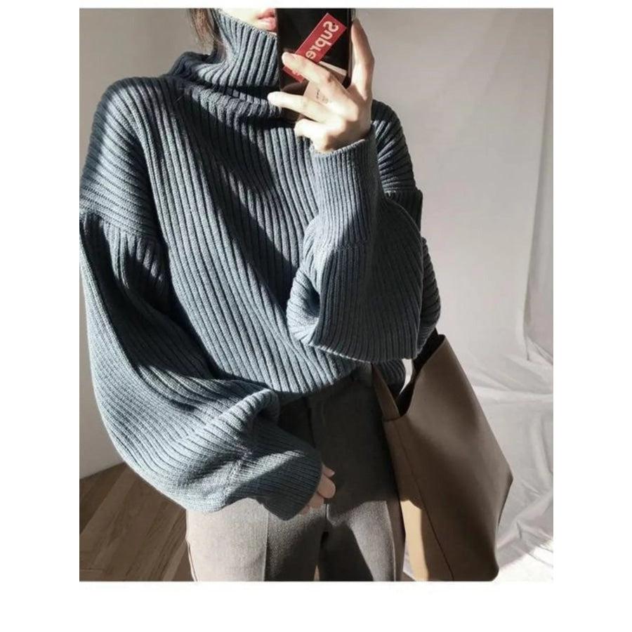 Full Size Oversized Turtleneck Ribbed Knit Sweater Plus Size Apparel and Accessories